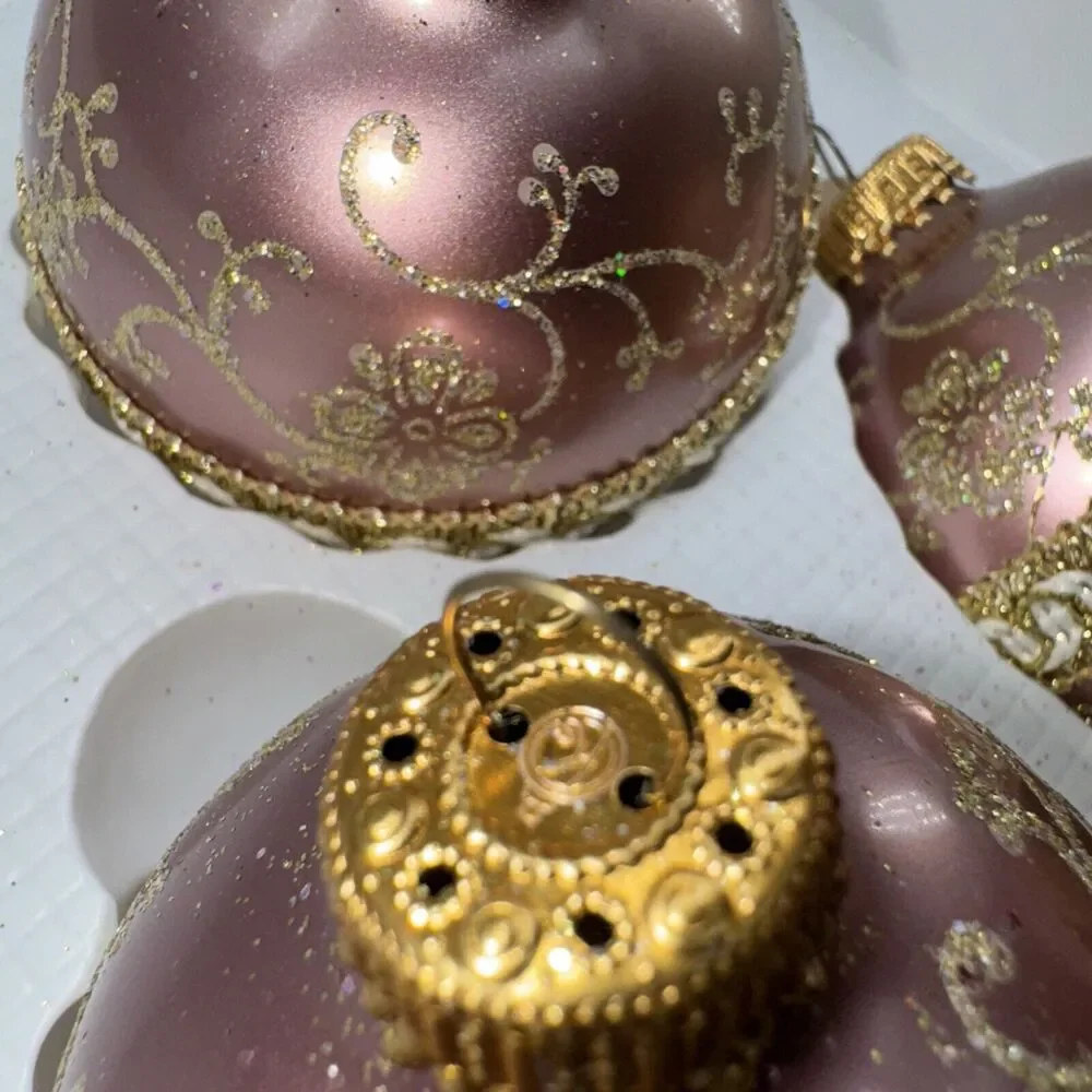 5 Vintage Dusty Antique Rose Gold Krebs‎ Glass Ball Ornament Victorian Chic 2.5